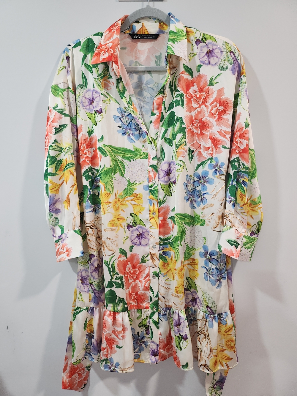 Zara Cream Floral Button-Front Ruffle Hem Long Sleeve Dress